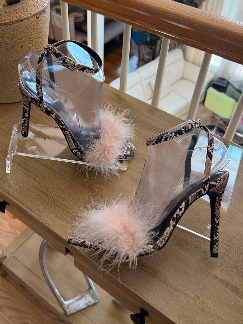 Snake-Print Pink Feather High Heel Sandals